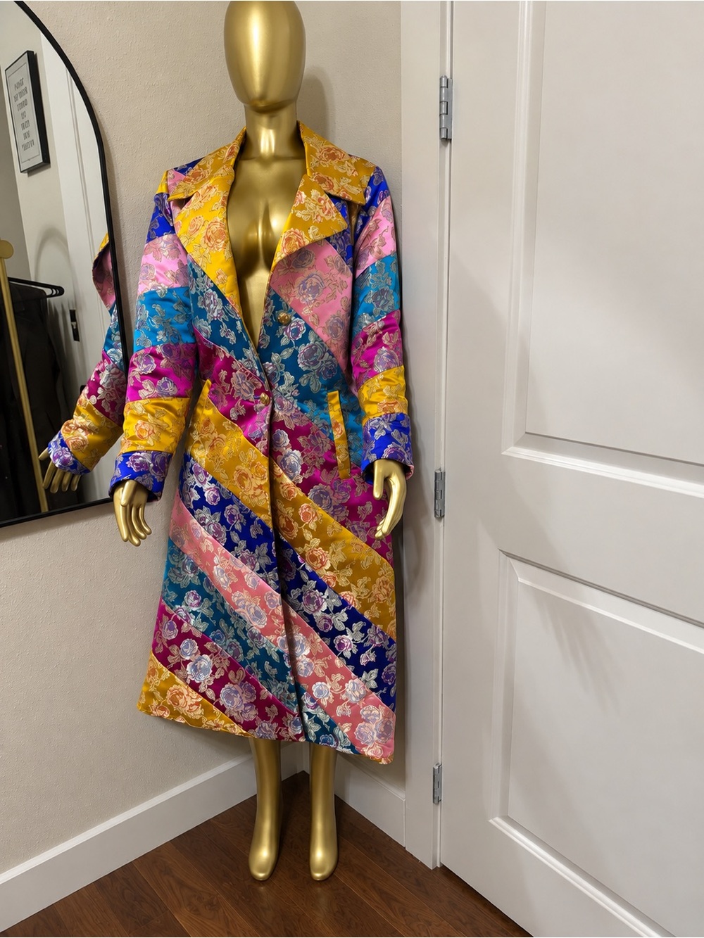 NWT AKIRA Multicolor Floral Brocade Statement Trench Coat